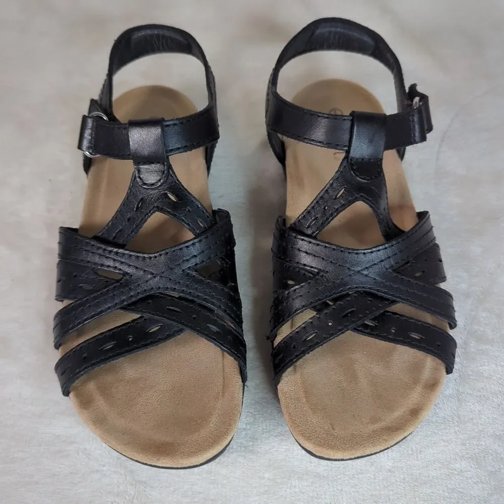Earth Origins Etsellie Leather Strappy Sandal Womens 7 Black Cushioned Walking - Picture 4 of 10